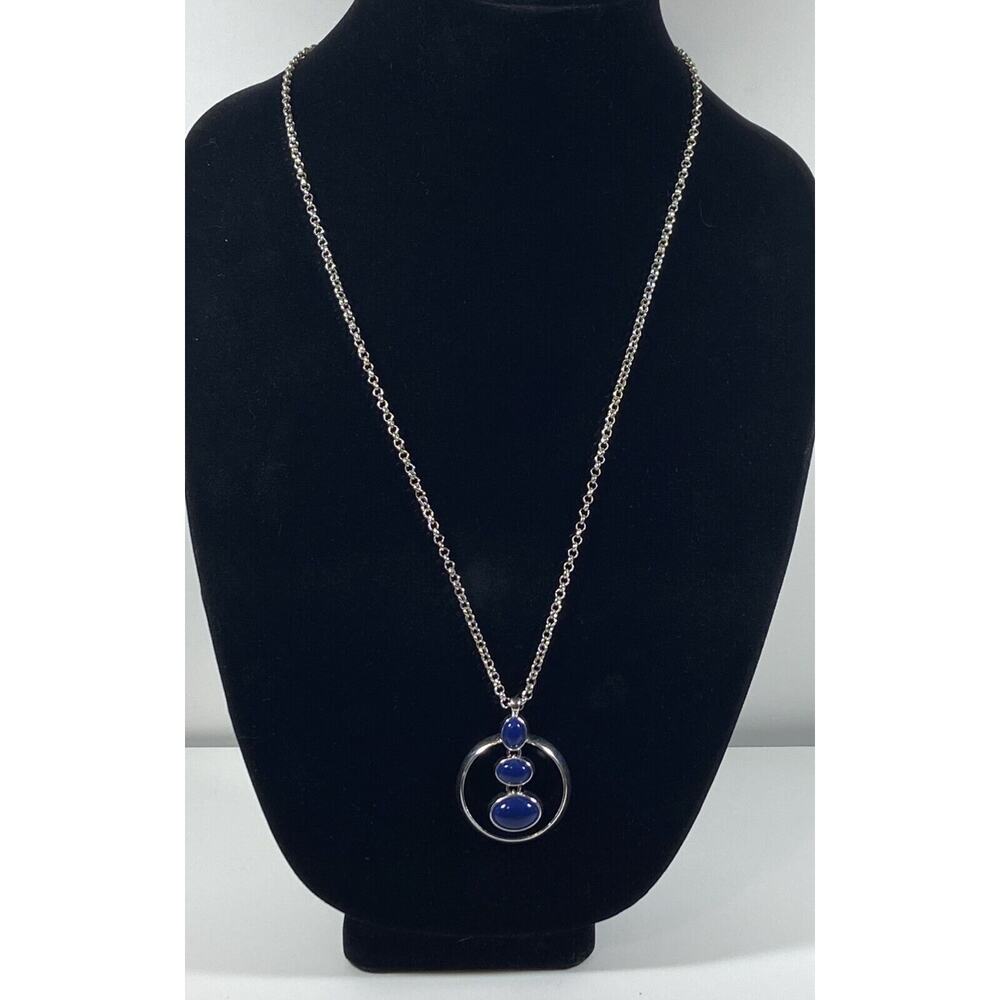 Liz Clairborne Silver Tone Blue Oval Stone Circle Dangle Pendant Necklace